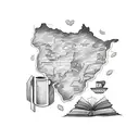 A sketch style tattoo of a map of Brazil with a coffee plant and a book, reflecting your love for Brazilian culture and reading tattoo design idea