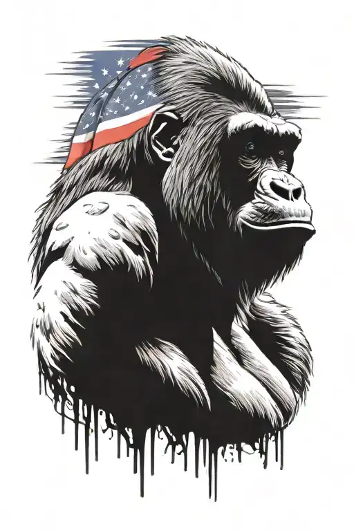 silverback gorilla head with American flag in the background tattoo design idea