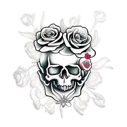 skulls, roses and dying flowers wrapped in jewels and strings of pearls  tattoo design idea
