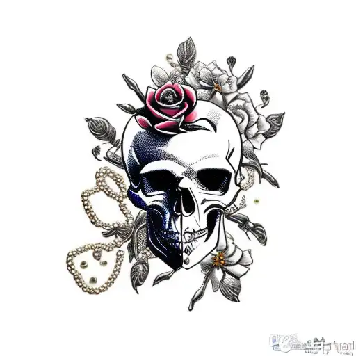 skulls, roses and dying flowers wrapped in jewels and strings of pearls  tattoo design idea