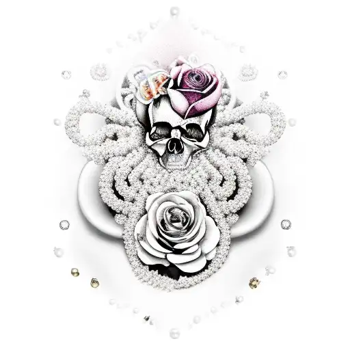 skulls, roses and dying flowers wrapped in jewels and strings of pearls  tattoo design idea