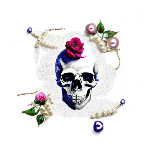 skulls, roses and dying flowers wrapped in jewels and strings of pearls  tattoo design idea
