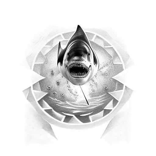 clock with great white shark tattoo design idea