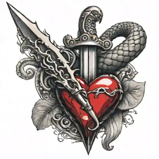 A dagger stabbing a heart with a cobra wrapped around  tattoo design idea