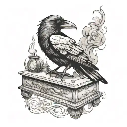 neo traditional tattoo design of a raven perched on top of an antique writing desk. Adding smoke as a background.  tattoo design idea