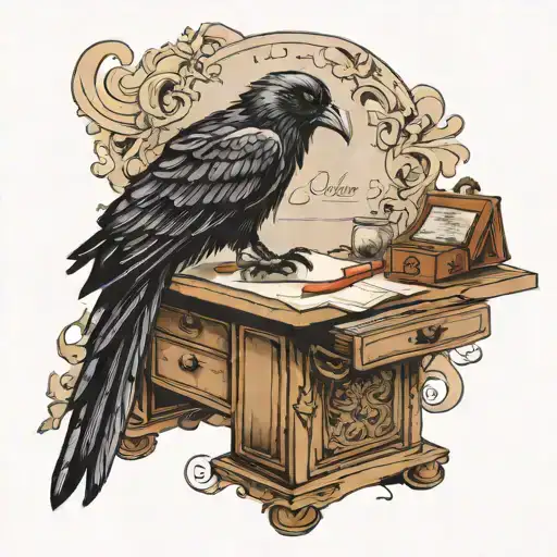 neo traditional tattoo design of a raven perched on top of an antique writing desk. Adding smoke as a background.  tattoo design idea