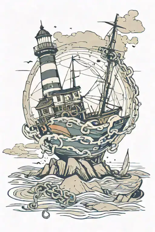 Sinking Broken Ship With Stormy Sky With A Shattered Compass With Broken Chains And A Fading Light house and torn map tattoo design idea