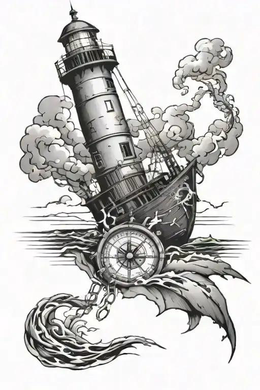 Sinking Broken Ship With Stormy Sky With A Shattered Compass With Broken Chains And A Fading Light house and torn map tattoo design idea