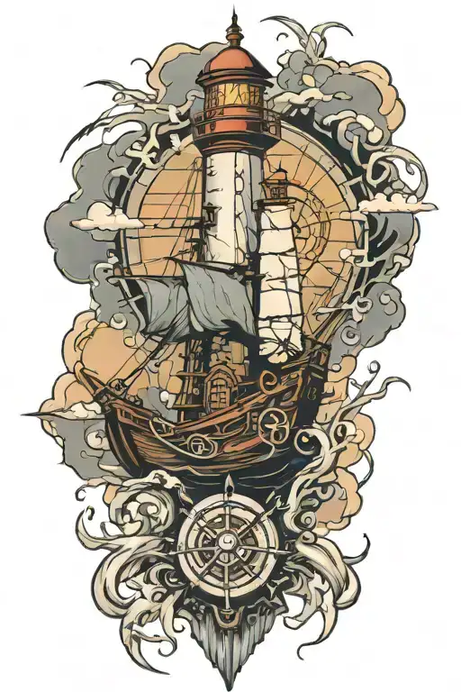 sinking broken ship with stormy sky with a shattered compass with broken chains and a fading light house tattoo design idea