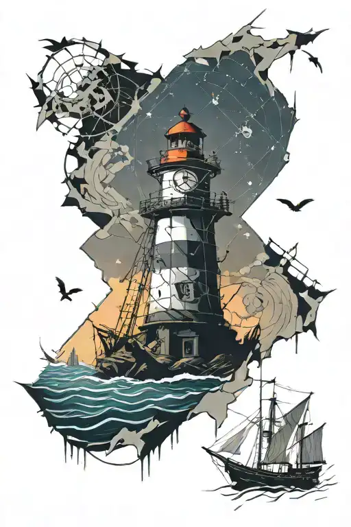Sinking Broken Ship With Stormy Sky With A Shattered Compass With Broken Chains And A Fading Light house and torn map tattoo design idea