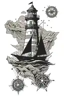 Sinking Broken Ship With Stormy Sky With A Shattered Compass With Broken Chains And A Fading Light house and torn map tattoo design idea