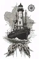 Sinking Broken Ship With Stormy Sky With A Shattered Compass With Broken Chains And A Fading Light house and torn map tattoo design idea