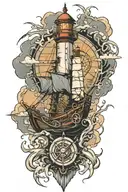 sinking broken ship with stormy sky with a shattered compass with broken chains and a fading light house tattoo design idea