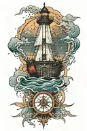 sinking broken ship with stormy sky with a shattered compass with broken chains and a fading light house tattoo design idea