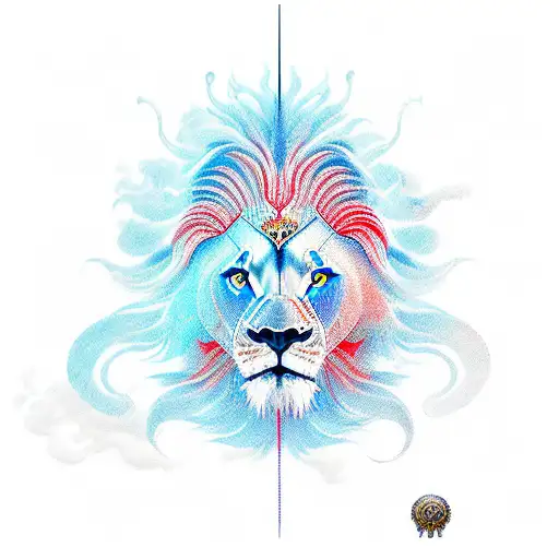 lion's head symbolizing yin and yang with one half of its face fierce and the other calm, having one blue and one red ey tattoo design idea