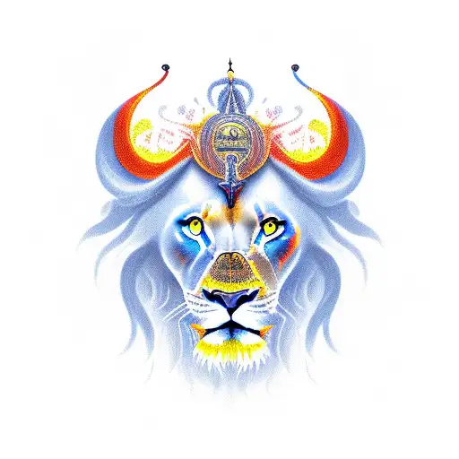 lion's head symbolizing ing and iang with one half of the face flaming and the other calm, with one blue and one red eye tattoo design idea
