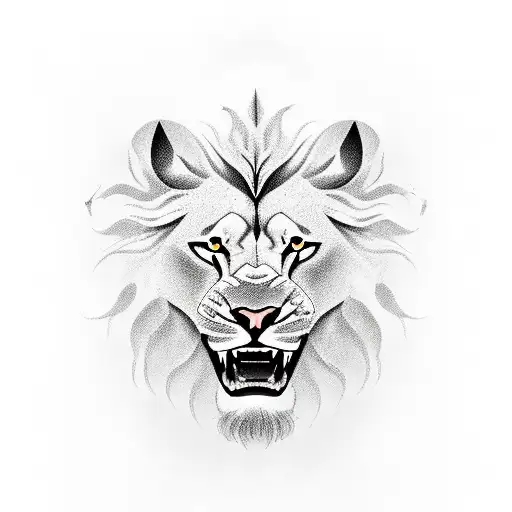 lion's head symbolizing yin and yang with one half of its face fierce and with the other calm clavanf one blue eye  tattoo design idea