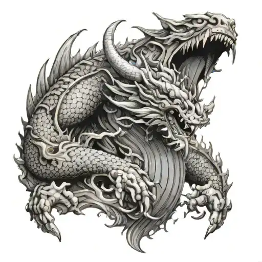 A dotwork design featuring the god Susanoo battling a dragon tattoo design idea