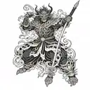 A blackwork design of the god Susanoo wielding his legendary sword tattoo design idea