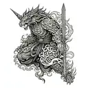 A blackwork design of the god Susanoo wielding his legendary sword tattoo design idea