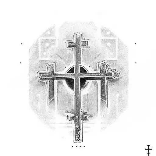 number 16 surrounded by a cross, with the lines of the cross having the names of "miriam" and "jorge" in morse code line tattoo design idea