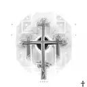 number 16 surrounded by a cross, with the lines of the cross having the names of "miriam" and "jorge" in morse code line tattoo design idea