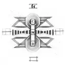 number 16 surrounded by a cross, with the lines of the cross having the names of "miriam" and "jorge" in morse code line tattoo design idea