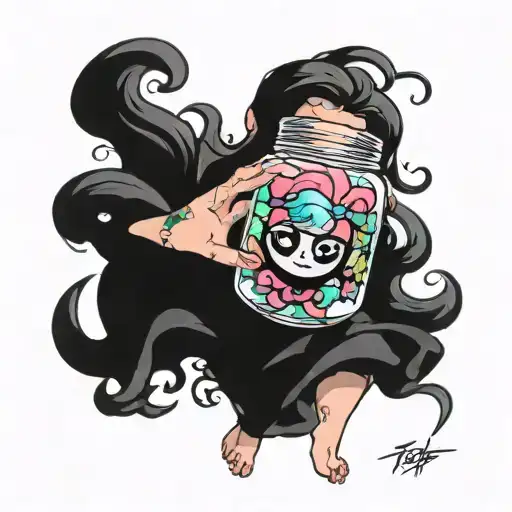 small jar from Elden ring dressed up like a power puff girl tattoo design idea