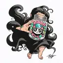 small jar from Elden ring dressed up like a power puff girl tattoo design idea