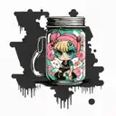small jar from Elden ring dressed up like a power puff girl tattoo design idea