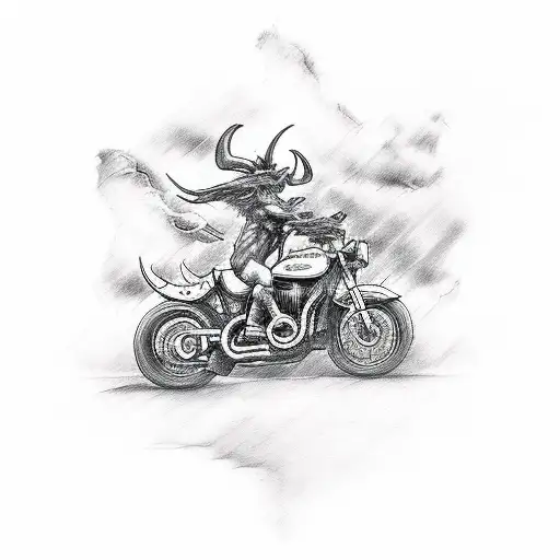 A sketch-style tattoo of a devil riding a motorcycle through a stormy landscape tattoo design idea