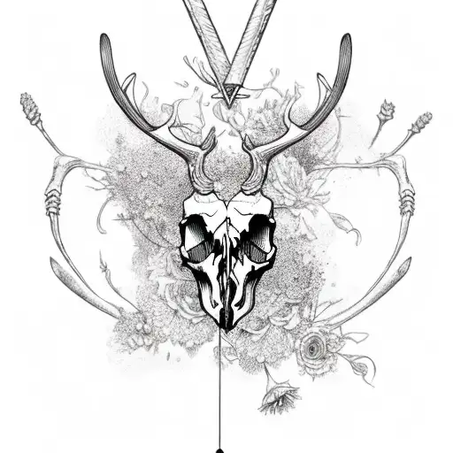 Reindeer Skull with flowers inside and a arrow trespassing it tattoo design idea