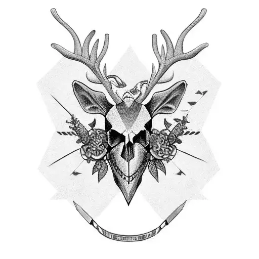 Reindeer (skull) with (flowers) inside and an (arrow) trespassing it; In the style of (Georgia O'Keeffe) tattoo design idea
