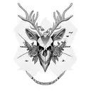 Reindeer (skull) with (flowers) inside and an (arrow) trespassing it; In the style of (Georgia O'Keeffe) tattoo design idea