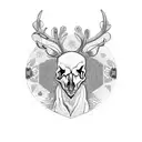Reindeer (skull) with (flowers) inside and an (arrow) trespassing it; In the style of (Georgia O'Keeffe) tattoo design idea