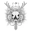 Reindeer (skull) with (flowers) inside and an (arrow) trespassing it; In the style of (Georgia O'Keeffe) tattoo design idea