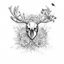 Reindeer (skull) with (flowers) inside and an (arrow) trespassing it; In the style of (Georgia O'Keeffe) tattoo design idea