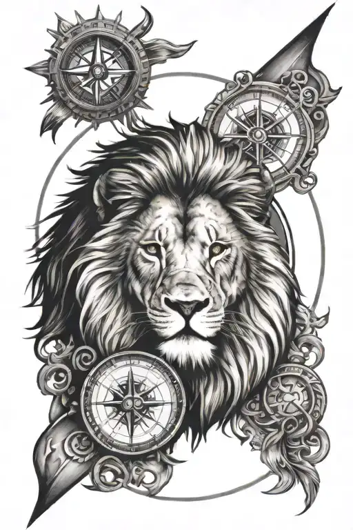 lion and compass tattoo design idea