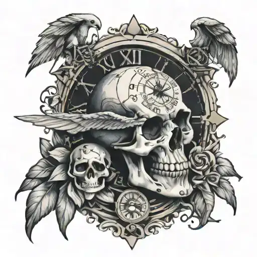 skull with clock compass angel tattoo design idea