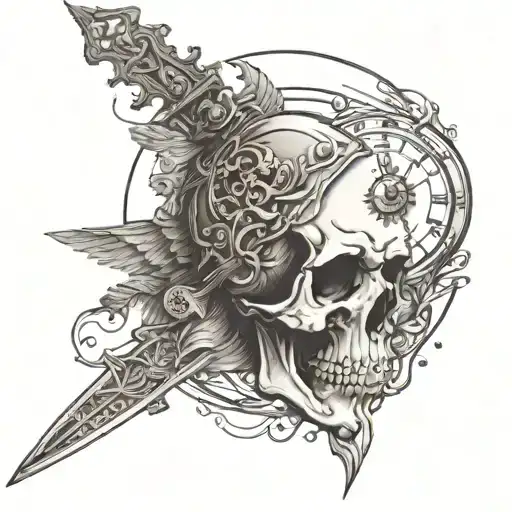 skull with clock compass angel holding sword tattoo design idea