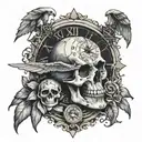 skull with clock compass angel tattoo design idea