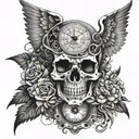 skull with clock compass angel tattoo design idea