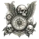 skull with clock compass angel tattoo design idea