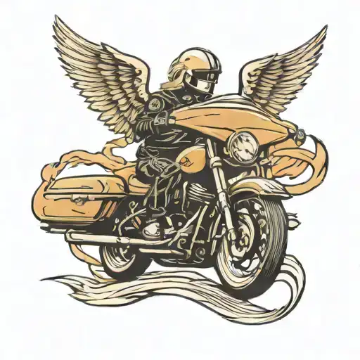Design a motorcycle on a highway , with a silhouette of a blonde guardian angel floating above tattoo design idea