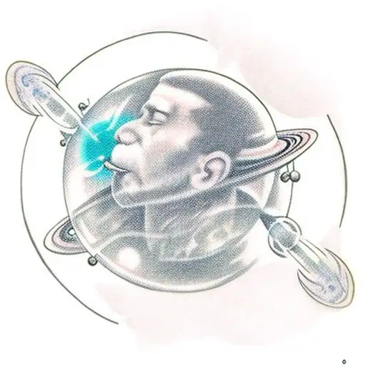 astronaut blowing soap bubbles that turn out as planets  tattoo design idea