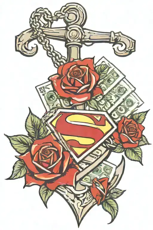 roses, money, anchor, cam Newton Superman logo, casino  tattoo design idea