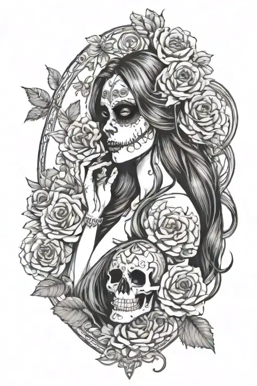 day of the dead woman with long hair, in a tarot card, surrounded by flowers, mystical tattoo design idea