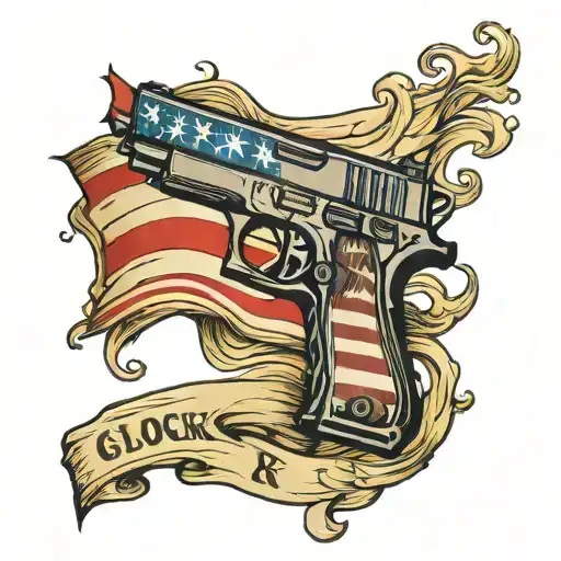 Glock with billows of flag in the background tattoo design idea