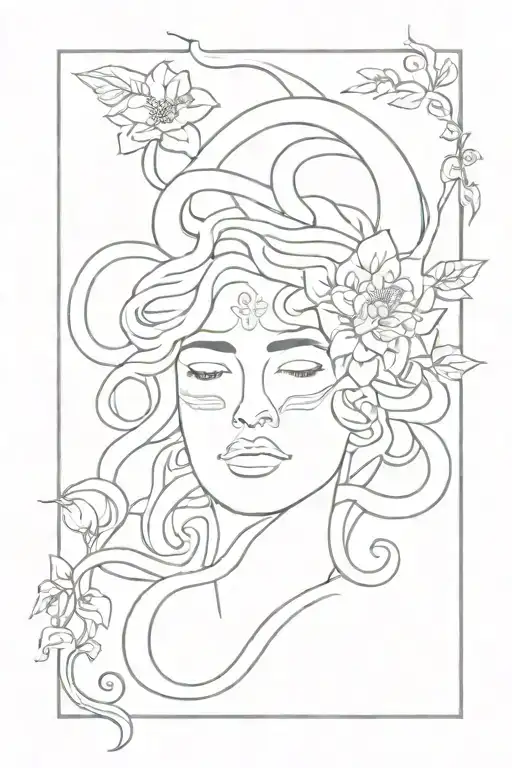 medusa greek mythology eyes closed with flowers and snakes tattoo design idea