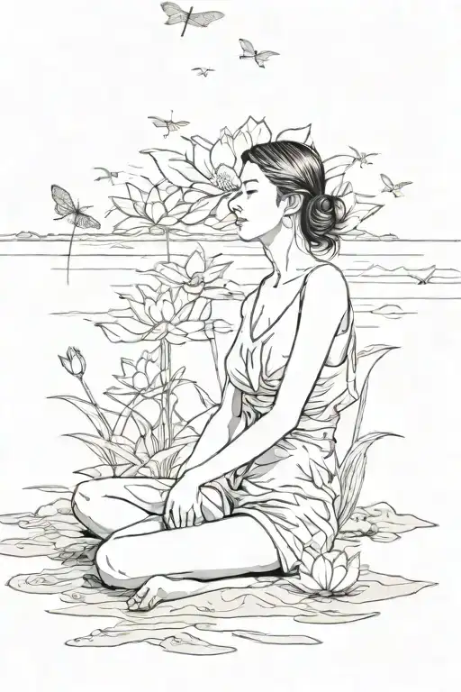 a woman on a beach facing the sea on a hot summer afternoon. There must be a lotus flower and a dragonfly tattoo design idea
